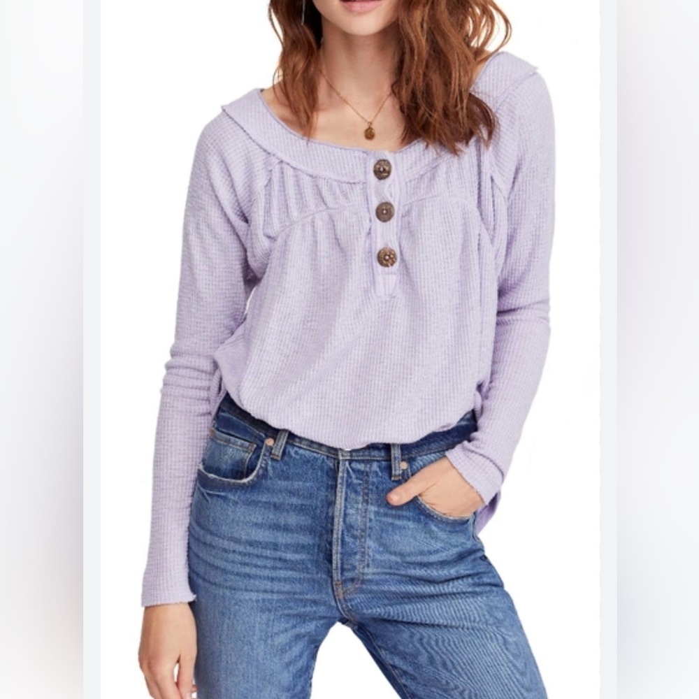 Free People Purple Thermal Henley Top Pullover Oversized Women’s‎ Small - Picture 2 of 7